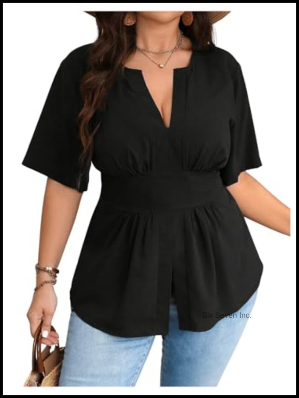 Plus Size Peplum Top Short Sleeve V Neck Ruffle Hem Blouse